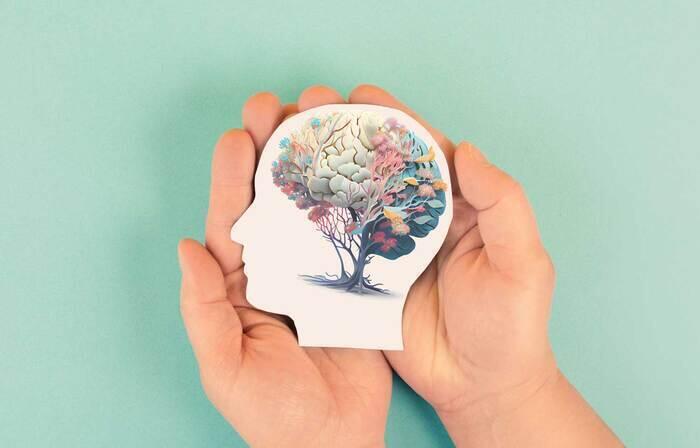 Hands holding a paper cutout of a head with a brain illustration